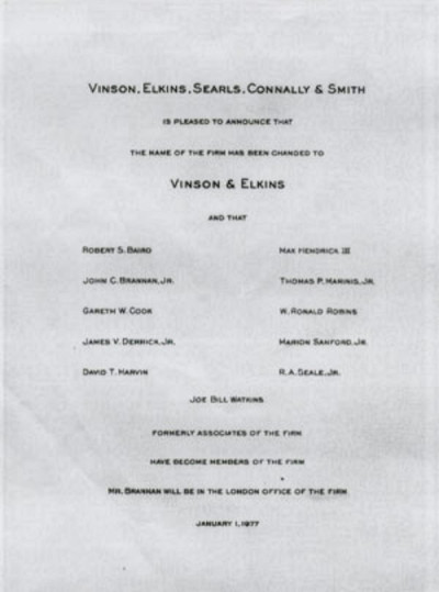 A black and white announcement letter dated January 1, 1977, from a law firm. The text states that the name of the firm has been changed from Vinson, Elkins, Searls, Connally & Smith to Vinson & Elkins. The announcement also lists the names of several individuals who were formerly associates and have now become members of the firm. It notes that Mr. Brannan will be in the London office.