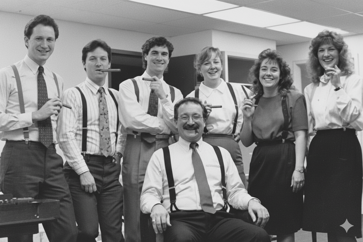 A black and white photo from 1987 showing a group of seven professionals, five men and two women, posing together in an office. They are all wearing suspenders and ties in a period fashion, with one man seated in the foreground and the others standing behind him, all smiling.