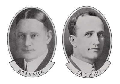 A black and white image displaying two side-by-side formal oval portraits of the law firm founders. On the left is Wm A. Vinson, and on the right is J. A. Elkins. Both men are wearing suits and high-collared shirts, and their names are written on banners beneath their respective portraits.