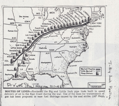 A black and white map illustrating the routes of the "Big Inch" and "Little Big Inch" oil pipelines, running diagonally from East Texas, through Arkansas, Kentucky, West Virginia, and Pennsylvania, to refineries in the New York and Philadelphia areas. The map shows pump stations along the route and includes a caption describing the pipelines' use for delivering oil to the East Coast during wartime.
